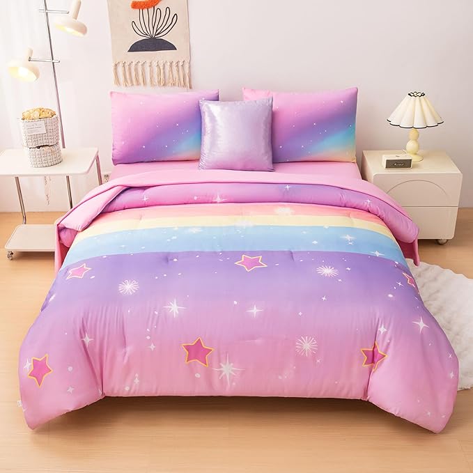 Rainbow Bedding Set Full Size – 6-Piece Reversible Girls Comforter with Deep-Pocket Sheet, Gradient Galaxy Design, Whole-Piece Filling, Machine Washable Bed-in-a-Bag for Kids Room Makeover & Gifts