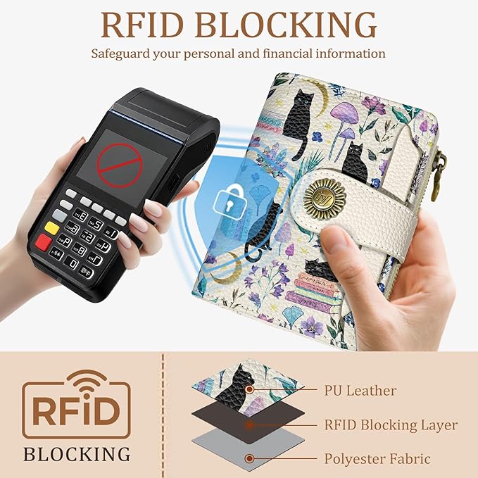 Black Cat Small Wallet Women RFID Blocking Bifold, Cute Credit Card Holder, Zipper Coin Pocket, PU Leather, Compact, Travel, 4 ID Window, 14 Card Slots, Cash Purse, Ladies Woman Female Girls