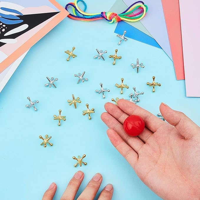 Gejoy 2 Sets Metal Jacks Game with Ball 2 Pieces Red Rubber Balls and 20 Pieces Classic Retro Vintage Jacks Toy for Kids and Adults for Christmas Birthday Party Game