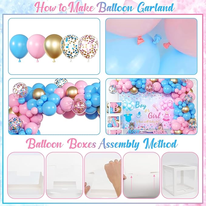 Gender Reveal Balloon Boxes Decorations - 138pcs Pink Blue Balloon Garland Kit, 4pcs Baby Box With Letters, Boy or Girl Backdrop for Baby Shower, Boy or Girl Gender Reveal Party Supplies