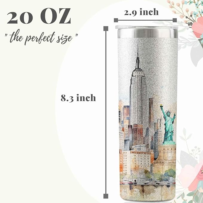 Onebttl New York City Skyline Gifts, NYC Gifts for NYC Lovers, Skyline Map 20oz Stainless Steel Tumblers with Lids and Straws, Perfect for Birthday & Christmas