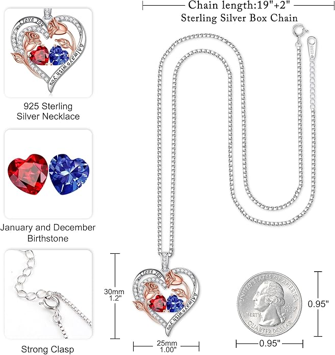 Iefil Valentines Day Gifts for Her - 925 Sterling Silver Rose Heart Birthstone Necklace Birthday Anniversary Jewelry Gifts for Her Wife Mom Daughter