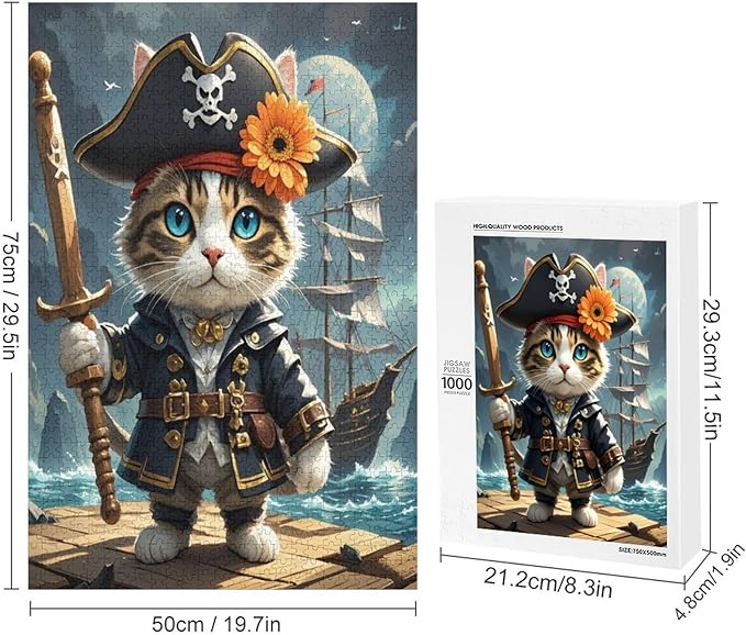 Wooden Puzzle - Classic Pirate Cat Leader Jigsaw Puzzles，Wooden Puzzles for Adults 1000 Pieces Challenge Puzzles，Educational Games，Family Puzzles，Unique Gifts for Wall Art