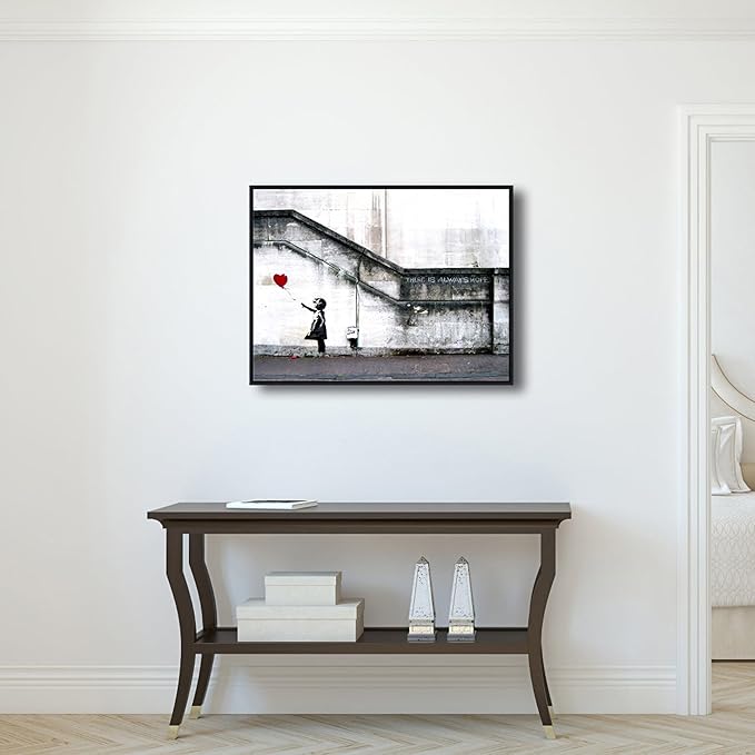 Wieco Art Framed Canvas Wall Art Giclee Canvas Prints of Banksy Grafitti Girl with Red Balloon Abstract Artwork for Wall Decor Home Decorations Black Frame BANKSY-1-6080-BF