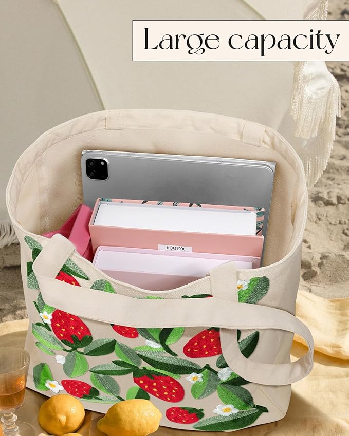 Miss Adola Aesthetic Embroidery Tote Bag for Women - Reusable Canvas Cute Shoulder Bag for Shopping, Grocery, Work, Book