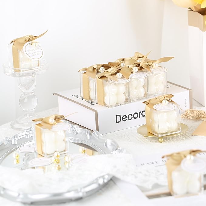 ACITHGL 30 Sets Fully Assembled Small Bubble Candle Party Favors for Guests Bulk Bridal Showers Favors Candles with Stylish Ribbons Thank You Cards Gifts (Gold)