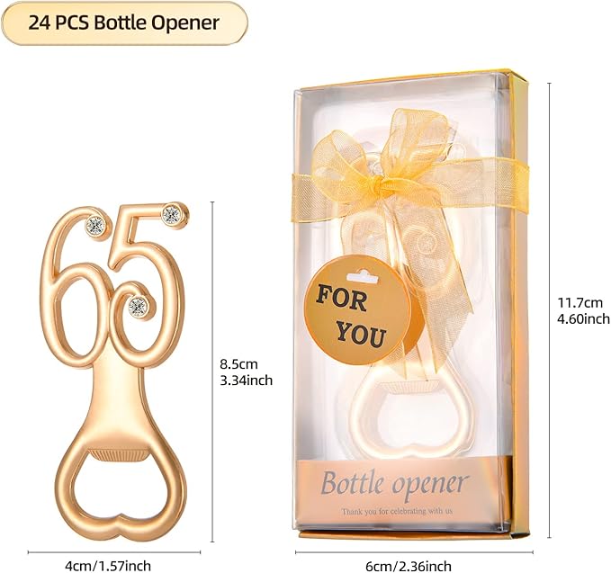 24 Pieces/Packs 65 Bottle Openers for 65th Birthday Party Favors Wedding Anniversary Gidts Decorations or Souvenirs for Guests with Gift Boxes Party Giveaways for Adults (65)