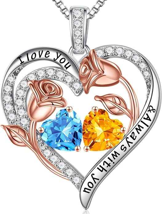 Iefil Valentines Day Gifts for Her - 925 Sterling Silver Rose Heart Birthstone Necklace Birthday Anniversary Jewelry Gifts for Her Wife Mom Daughter