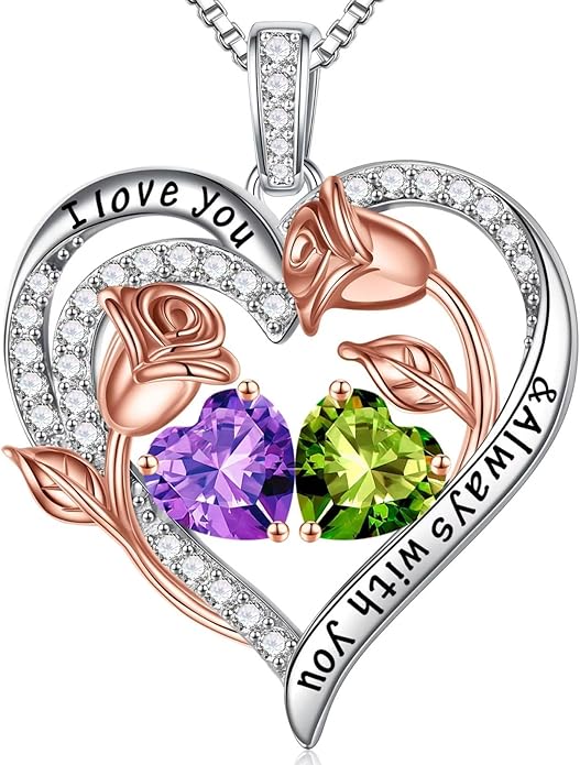 Iefil Valentines Day Gifts for Her - 925 Sterling Silver Rose Heart Birthstone Necklace Birthday Anniversary Jewelry Gifts for Her Wife Mom Daughter