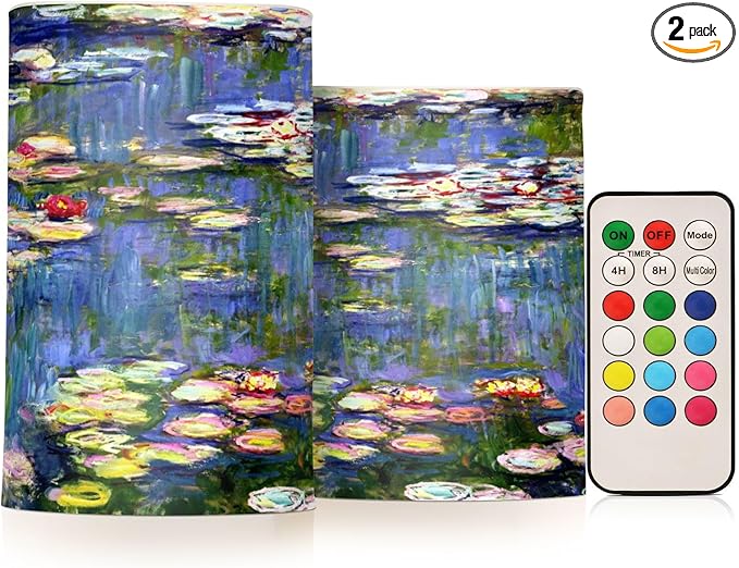 ALAZA Monet Painting Flickering Flameless Candles Battery Operated with Remote Timer,Tea Light Candles LED Pillar Votive Candles Set of 2 for Outdoor Indoor Decorations
