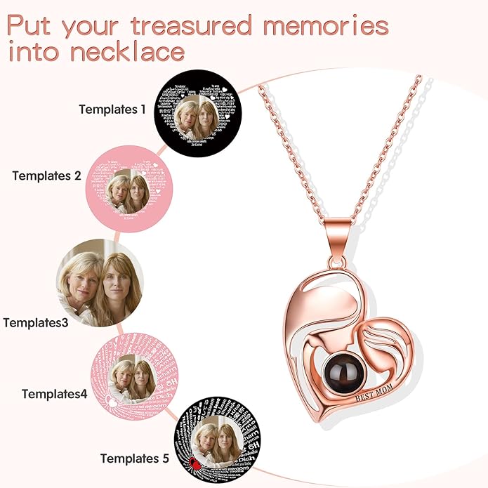 SUPHELPU Personalized Mother's Day Gifts for Mom From Daughter - Custom Photo Necklace With Picture Inside - Projection Necklace for Mom - Memorial Gift