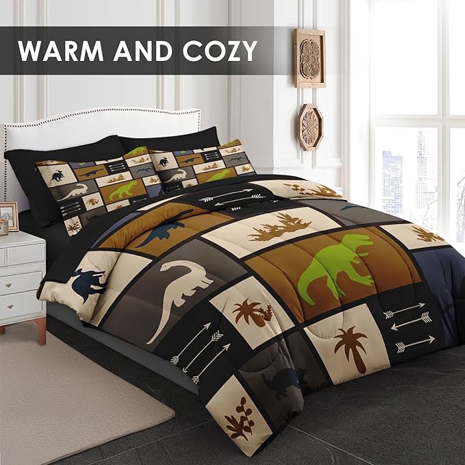 Comforter Set Twin Size, Dino Animal 5 Pcs Bedding for Kids and Adults, Cute Dinosaur Bed Sheet Sets with Fitted Sheet Pillowcase & Sham for Bedroom Bed Decor
