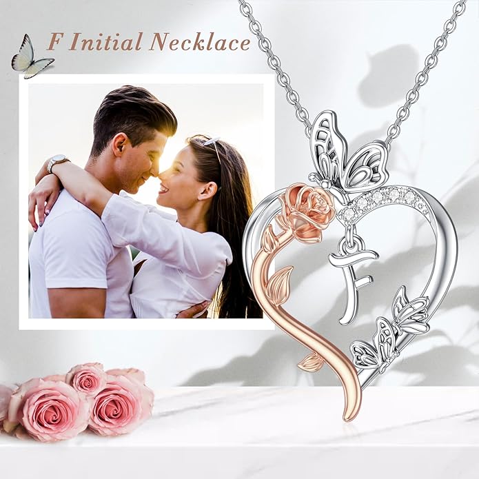 TOUPOP Rose Heart Necklaces Gifts for Women 925 Sterling Silver Butterfly Heart Initial Necklace Anniversary Valentines Day Birthday Jewelry Gifts for Mom Her Wife Girlfriend Daughter