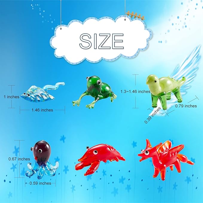 6Pcs Hand Blown Glass Animal Figurines Sea Mini Glass Animal Figurines for Home Desk Garden Collectibles Ornament Art Miniature Decor