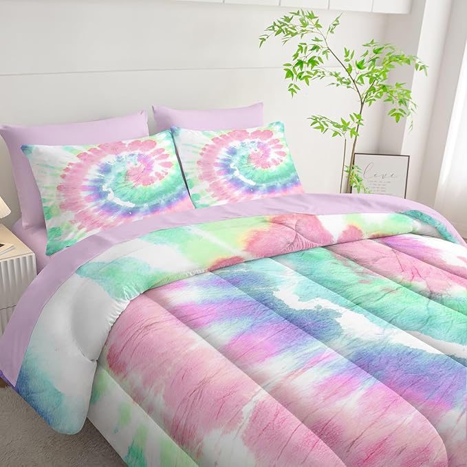 7Pcs Comforter Set Blue Pink Green Spiral Printed Bedding Set with 1 Comforter, 1 Flat Sheet, 1 Fitted Sheet and 4 Pillowcases for Boys and Girls Bedroom All Season(Spiral Queen)