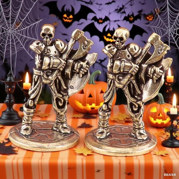 Brass Animals Figurine Decorative,Metal Statue,2.16Inch Pure Brass Vintage Skeleton Warrior Figurines,Set of 2-Halloween Desktop Decorations,Gothic Collectible Ornaments with Axe & Shield