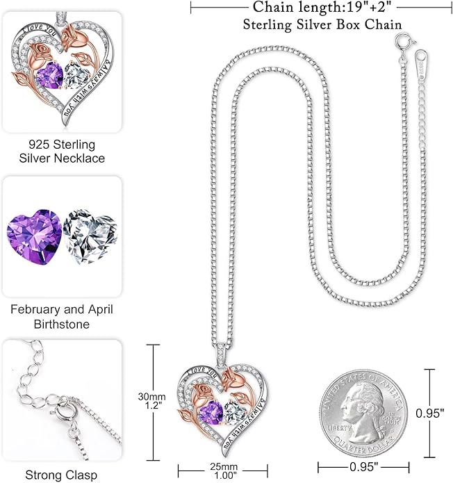 Iefil Valentines Day Gifts for Her - 925 Sterling Silver Rose Heart Birthstone Necklace Birthday Anniversary Jewelry Gifts for Her Wife Mom Daughter