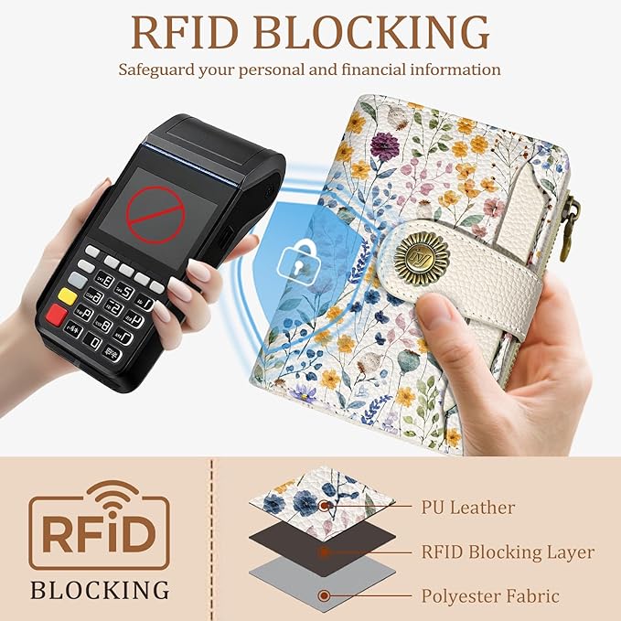 Floral Flowers Small Wallet Women RFID Blocking Bifold, Credit Card Holder, Zipper Coin Pocket, PU Leather, Compact, Travel, 4 ID Window, 14 Card Slots, Cash Purse, Ladies Woman Female Girls