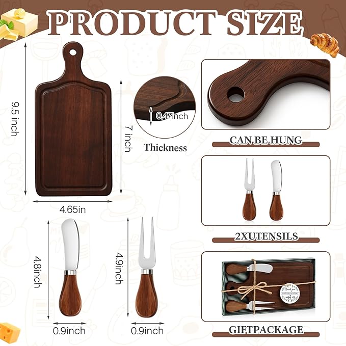1 Set Bridal Baby Shower Cheese Prizes Wooden Square Board Gift Set Knives Forks Thank You Tags with Box for Guests for Valentines Bridal Baby Shower Housewarming (Walnut Wood)