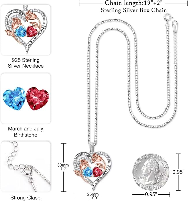 Iefil Valentines Day Gifts for Her - 925 Sterling Silver Rose Heart Birthstone Necklace Birthday Anniversary Jewelry Gifts for Her Wife Mom Daughter