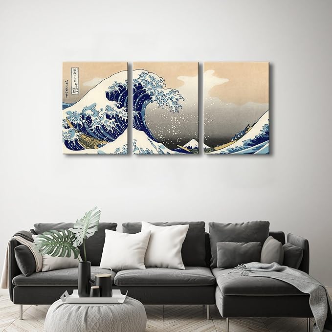 Wieco Art Great Wave of Kanagawa Katsushika Hokusai 3 Piece Modern Canvas Prints Artwork Abstract Pictures Paintings on Canvas Wall Art for Home Office Decorations Wall Decor