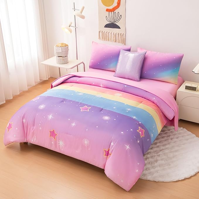 Rainbow Bedding Set Twin Size – 6-Piece Reversible Girls Comforter with Deep-Pocket Sheet, Gradient Galaxy Design, Whole-Piece Filling, Machine Washable Bed-in-a-Bag for Kids Room Makeover & Gifts