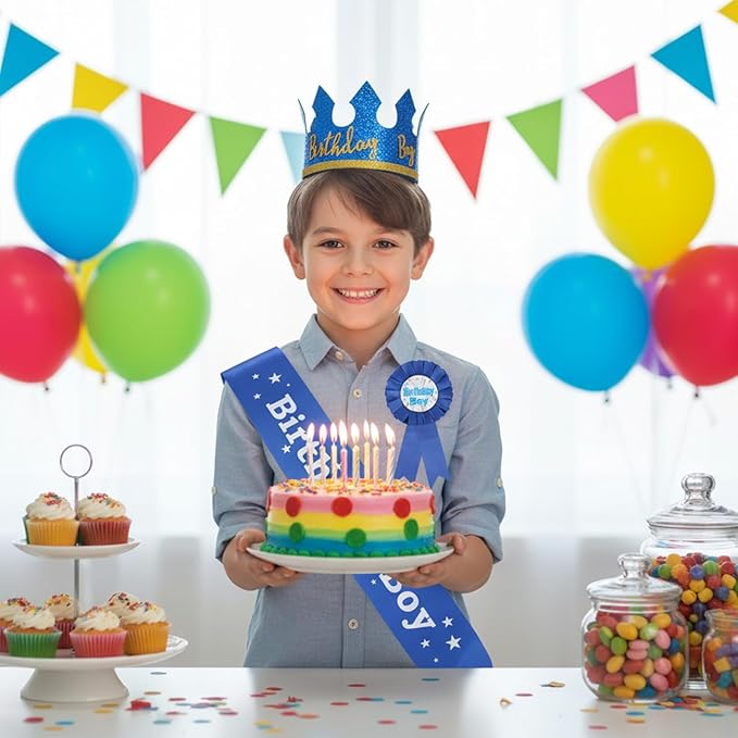 Birthday Boy Sash Hat Birthday Boy Pin Crown Set for Boys Birthdays Party Decoration