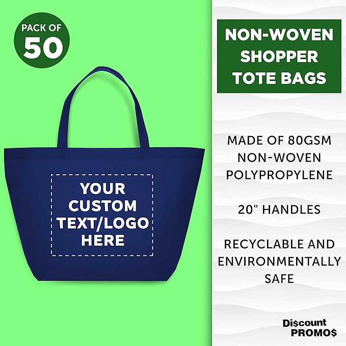 DISCOUNT PROMOS Custom Southern Style Grocery Tote Bags Set of 50 - Personalized Bulk Pack, Reusable Grocery & Shopping Bags - Great for Travel, Business Promotions - Navy Blue - 20"X13"X8"