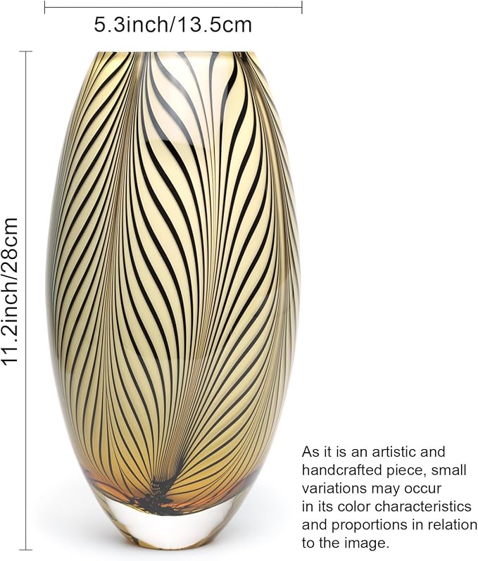 Ca D Oro Murano Style Glass Vase Amber Feather Pattern Hand Blown Art Glass for Flower, Room Decoration and Centerpiece - Model 54 MS