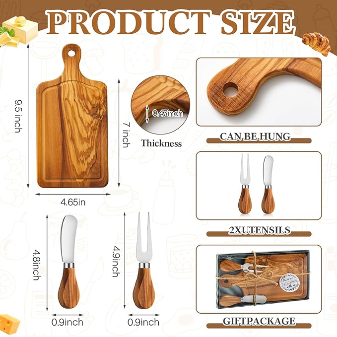 1 Set Bridal Baby Shower Cheese Prizes Wooden Square Board Gift Set Knives Forks Thank You Tags with Box for Guests for Valentines Bridal Baby Shower Housewarming (Olive Wood)