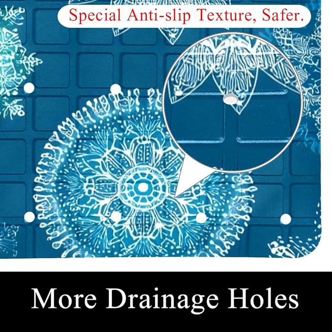 Seamless Christmas Blue Snowflakes Bath Tub and Shower Mats, Non Slip Bathmat with Drain Holes and Suction Cups for Bathroom Floor, 15.1 x 26.8 Inch