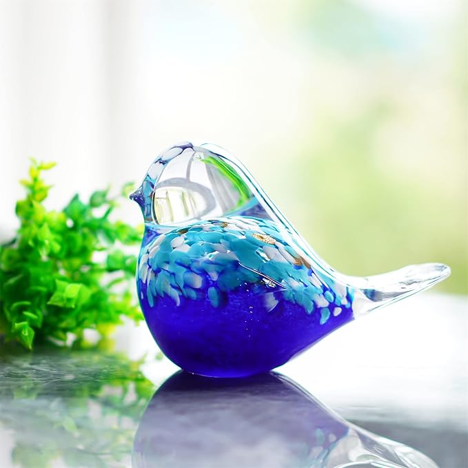 QFkris 6.5inch Blown Glass Blue Bird Figurine Collectibles Handmade Art Glass Animal Paperweight,Home Decoration Tabletop Centerpiece for Bird Lover