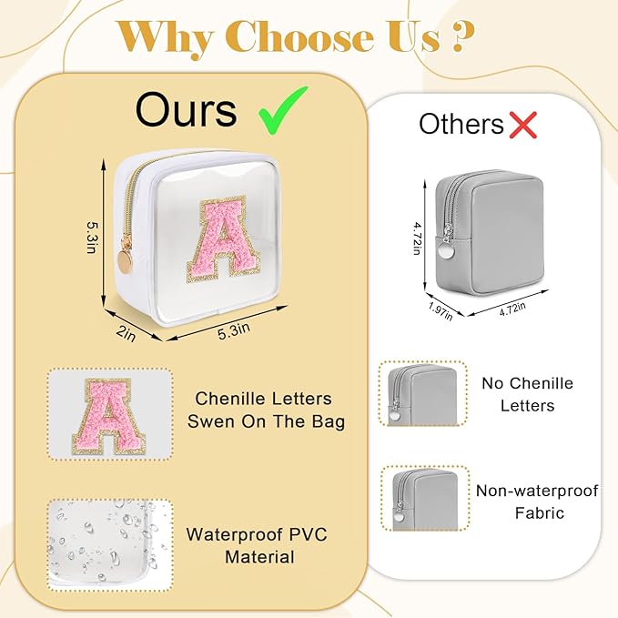 Personalized Initial Letter Clear Preppy Makeup Bag,Mini Nylon Chenille Letter Cosmetic Bag Cute Zipper Pouch Purse for Teen Girls,Portable TSA Approved Beach Travel Essentials Bag Gift for Women,M