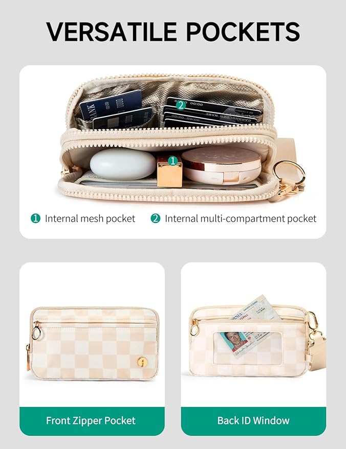 Checkered Wristlet Wallets for Women RFID Blocking Small Zipper Nylon Crossbody Bag for Travel Card Phone Organizer Purse with ID Window and 2 Detachable Straps Black White Checkered