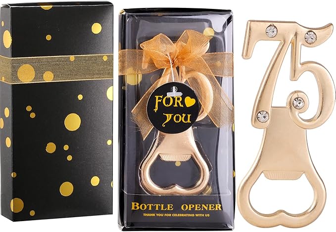 Baseo 24 Pcs Black and Gold 75th Bottle Opener Set - Gold Finish Zinc Alloy Bottle Openers for 75th Birthday Party Favors, Gifts or Souvenirs