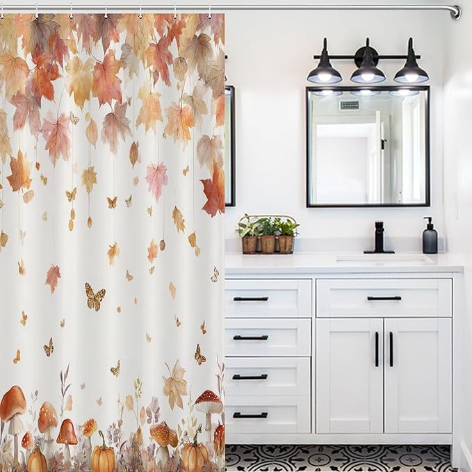 Fall Pumpkin Shower Curtain Autumn Maple Leaves Thanksgiving Harvest Waterproof Washable Fabric Bathroom Shower Curtains for Bathroom Decorations Home Indoor Decor 35x72Inch