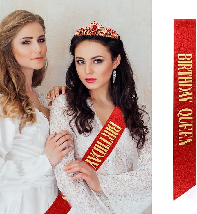 Happy Birthday Queen Tiara Crowns for Women, Red Sash, Party Favors Supplies Gift, 30th Decorations, Stuff Accessories