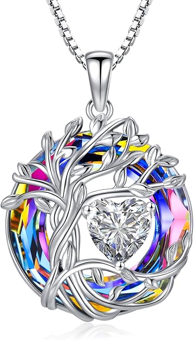TOUPOP Tree of Life Birthstone Necklace 925 Sterling Silver Pendant Austrian Crystal Jewelry Anniversary Valentine's Day Birthday Gifts for Women Mom Her Wife