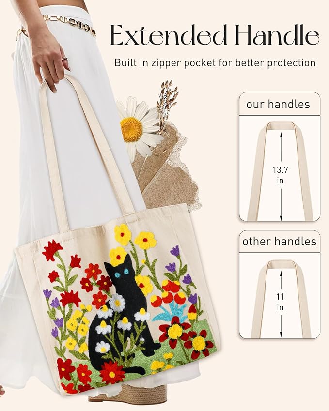 Miss Adola Aesthetic Embroidery Tote Bag for Women - Reusable Canvas Cute Shoulder Bag for Shopping, Grocery, Work, Book
