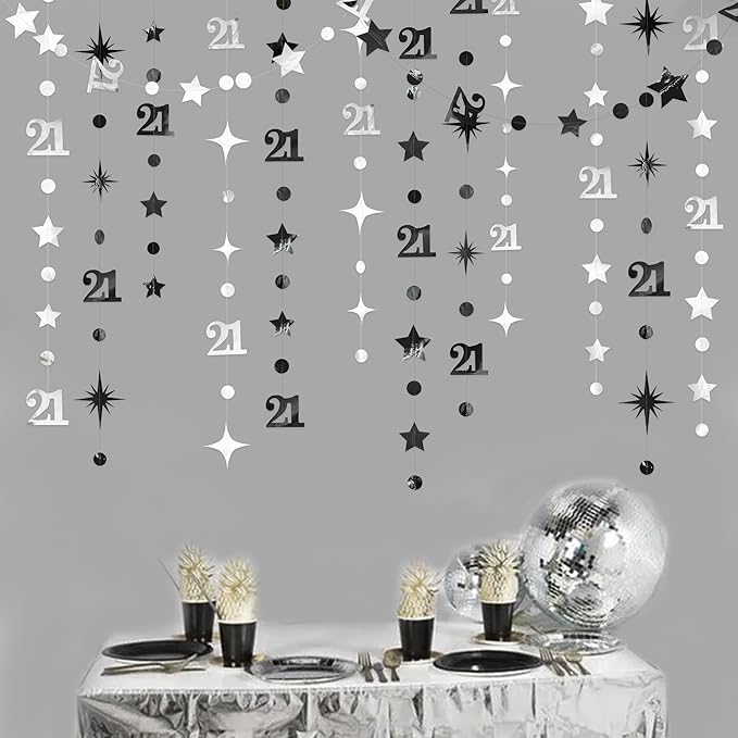 Silver Black 21st Birthday Decorations Number 21 Circle Dot Twinkle Star Garland Metallic Streamer Banner Backdrop for Girls Boys Cheers to 21 Years Finally Legal Bday 21st Anniversary Party Decor