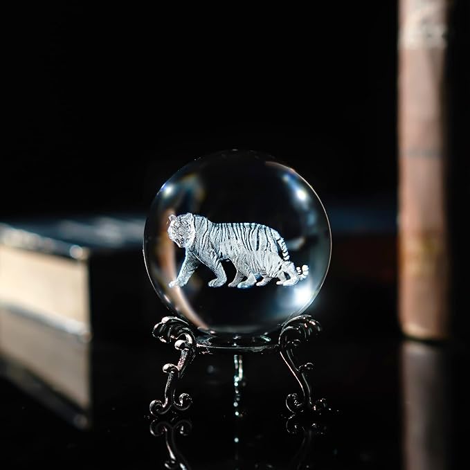 ZEERSHEE 60mm 3D Tigers Crystal Ball with Stand Glass Tiger Decorative Ball Paperweights Decor for Home Office