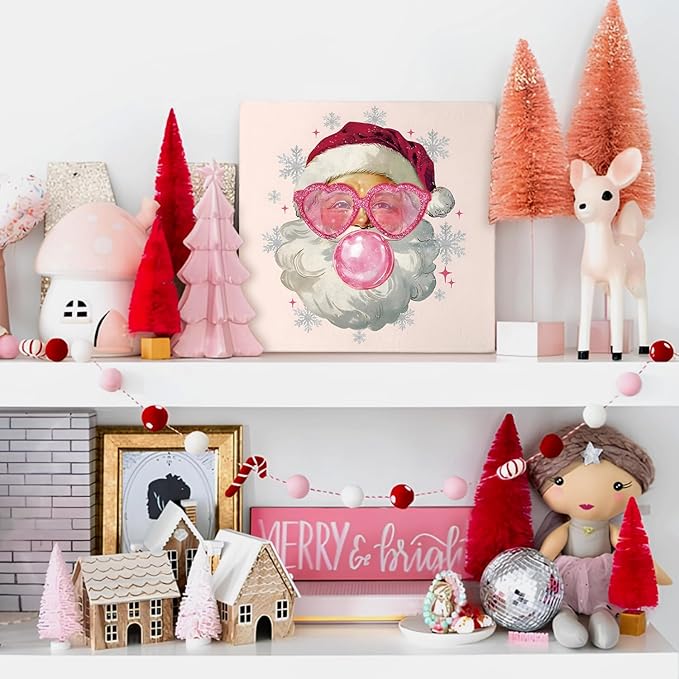 Mtrgdn Pink Retro Santa Christmas Wooden Box Signs,Pink Christmas Sign,Santa Clause Christmas Decor,Christmas Table Decor,Xmas Decor Christmas Birthday Gifts for Women 5x5