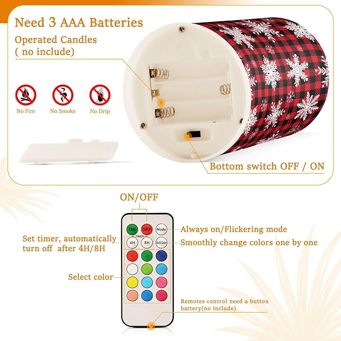 ALAZA Christmas Snowflakes Red Black Buffalo Plaid Flickering Flameless Candles Battery Operated with Remote Timer,Tea Light Candles LED Pillar Votive Candles Set of 2 for Outdoor Indoor Decorations