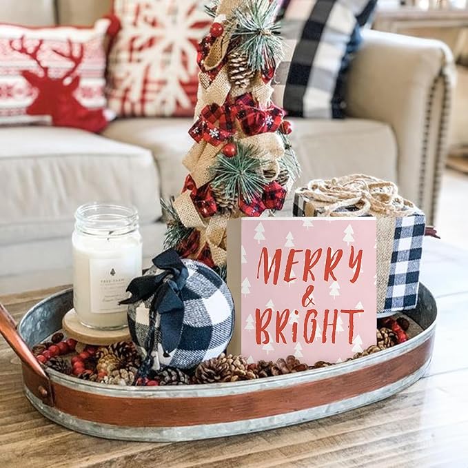 Mtrgdn Pink Christmas Decor Wooden Box Sign, Merry and Bright Wooden Box Signs,Xmas Holiday Gifts,Christmas Table Decorations for Home Bedroom Bathroom Kitchen Desk Decor 5x5