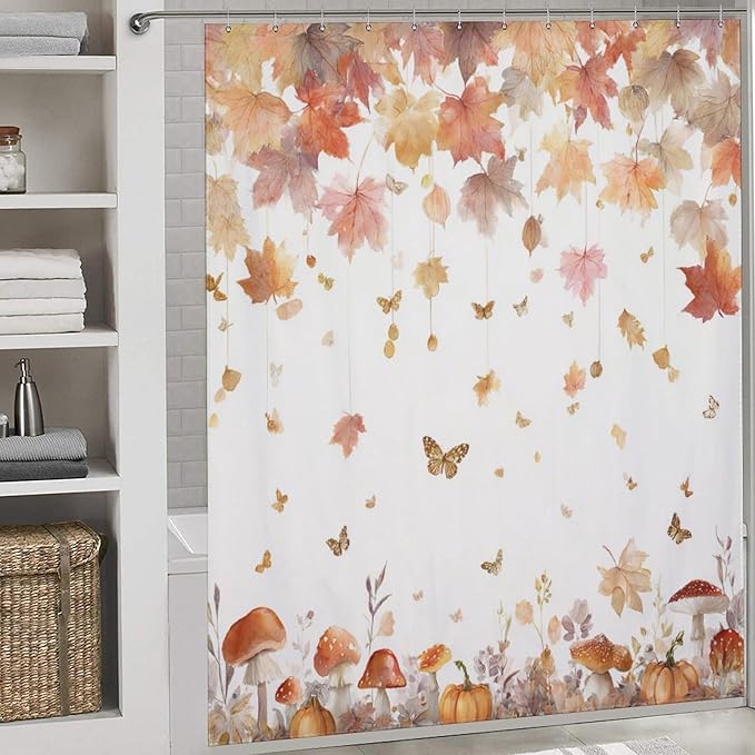 Fall Pumpkin Shower Curtain Autumn Maple Leaves Thanksgiving Harvest Waterproof Washable Fabric Bathroom Shower Curtains for Bathroom Decorations Home Indoor Decor 72x72Inch