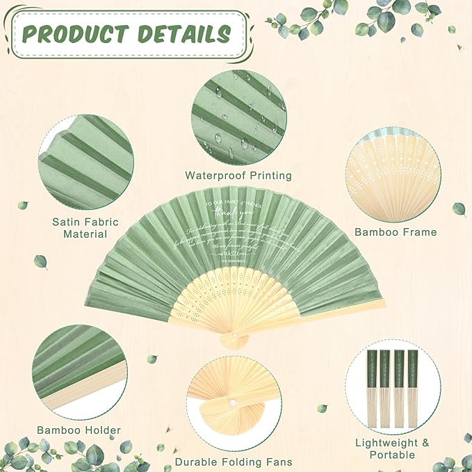 Menkxi 30 Pcs Silk Fabric Folding Fans Bulk for Wedding Guests Thank You Bamboo Folded Hand Fan for Bridal Shower Decoration Favor Vintage Handheld Fans Souvenirs with Organza Bag (Sage,Classic)