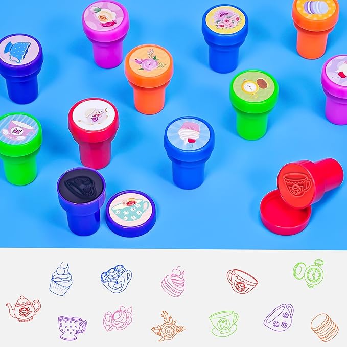 Cinrobiye 24 Pcs Tea Party Favor Stampers,Floral Tea Party Supplies, Teapot Party Favors Gifts, Classroom Rewards Carnival Prizes, Goodie Bag Pinata Fillers