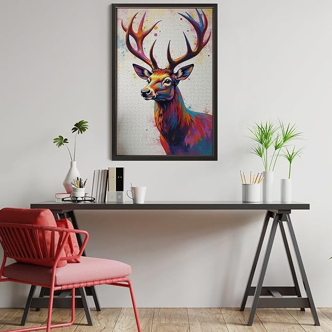 Wooden Puzzles 1000 Piece，Color Abstract Deer Painting Themed Jigsaw Puzzles，Challenge Puzzles，Educational Games，Family Puzzles，Unique Gifts for Wall Art，Funny Puzzles，Stress Relief Games