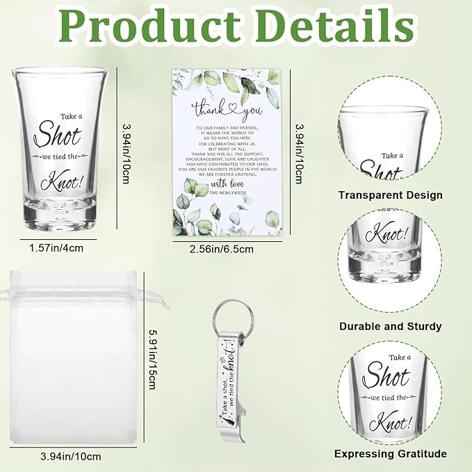 25 Set Wedding Favors for Guests Bulk,Acrylic Take a Shot We Tied the Knot Wedding Shot Glasses with Bottle Opener Thank You Cards and Organza Bags,Souvenirs for Guests