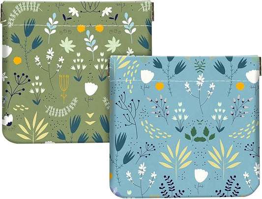 2Pcs PU Leather Small Squeeze Coin Purse Pouch Mini coin Bag Unique And Cute Wallet Cosmetic Bags Change Bag For Women Girls Men Blue And Green Floral